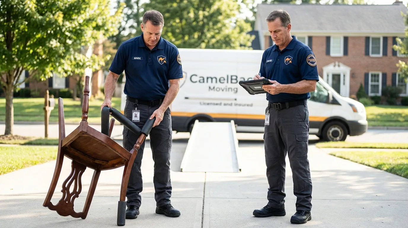 Movers inspecting furniture for damage prevention before loading in Bokeelia, FL